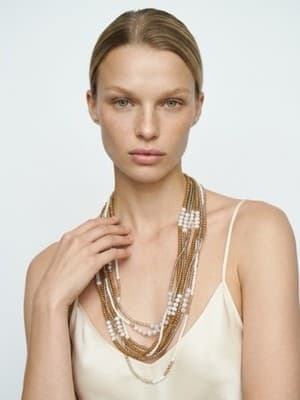 Layered Beaded Glass and Wood Necklace White Brown Silver Multi-Strand - Image 1