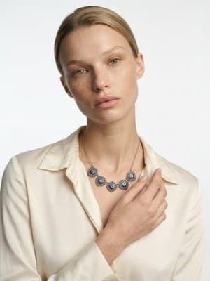 Statement Silver Tone Necklace with Blue Round Stones and Square Pendants - Image 1