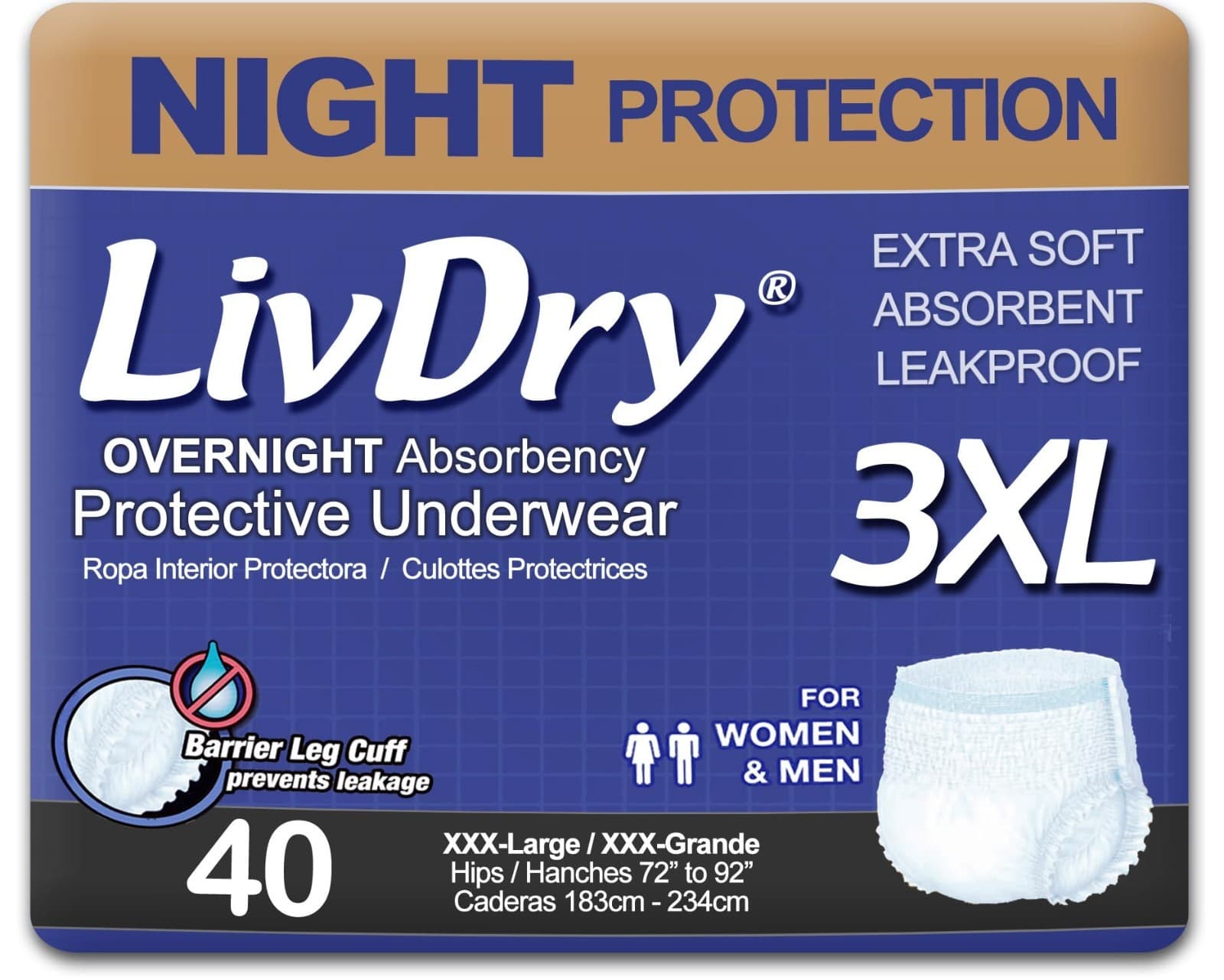 LivDry 3XL Overnight Adult Diapers for Women and Men, XXXL Incontinence Underwea - Image 1