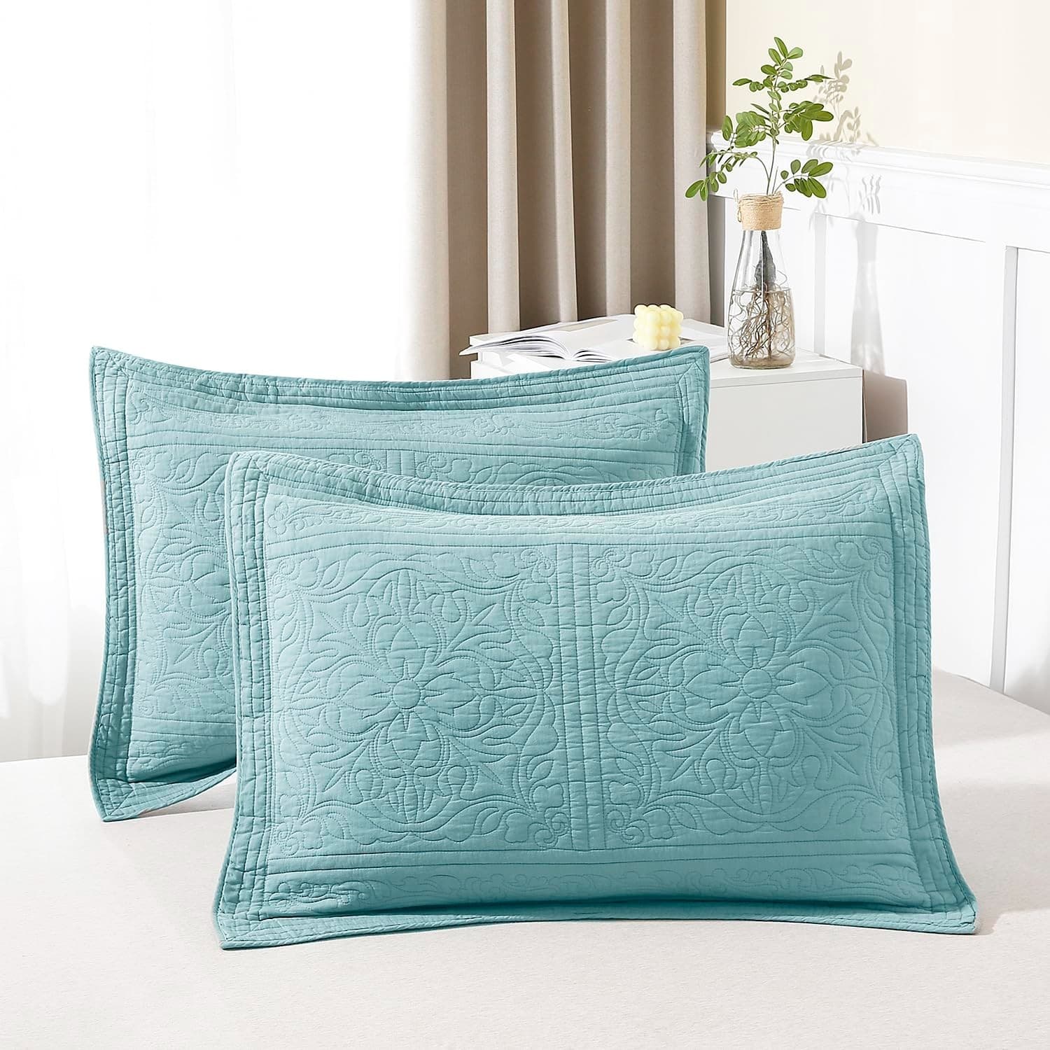 WINLIFE 100% Cotton Quilted Pillow Sham Floral Printed Pillow Cover (King, Aqua - Image 1