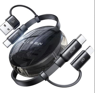 LISEN 5-In-1 Fast Charging Retractable Cable For IPhone, IPad, Samsung - 60W - Image 1