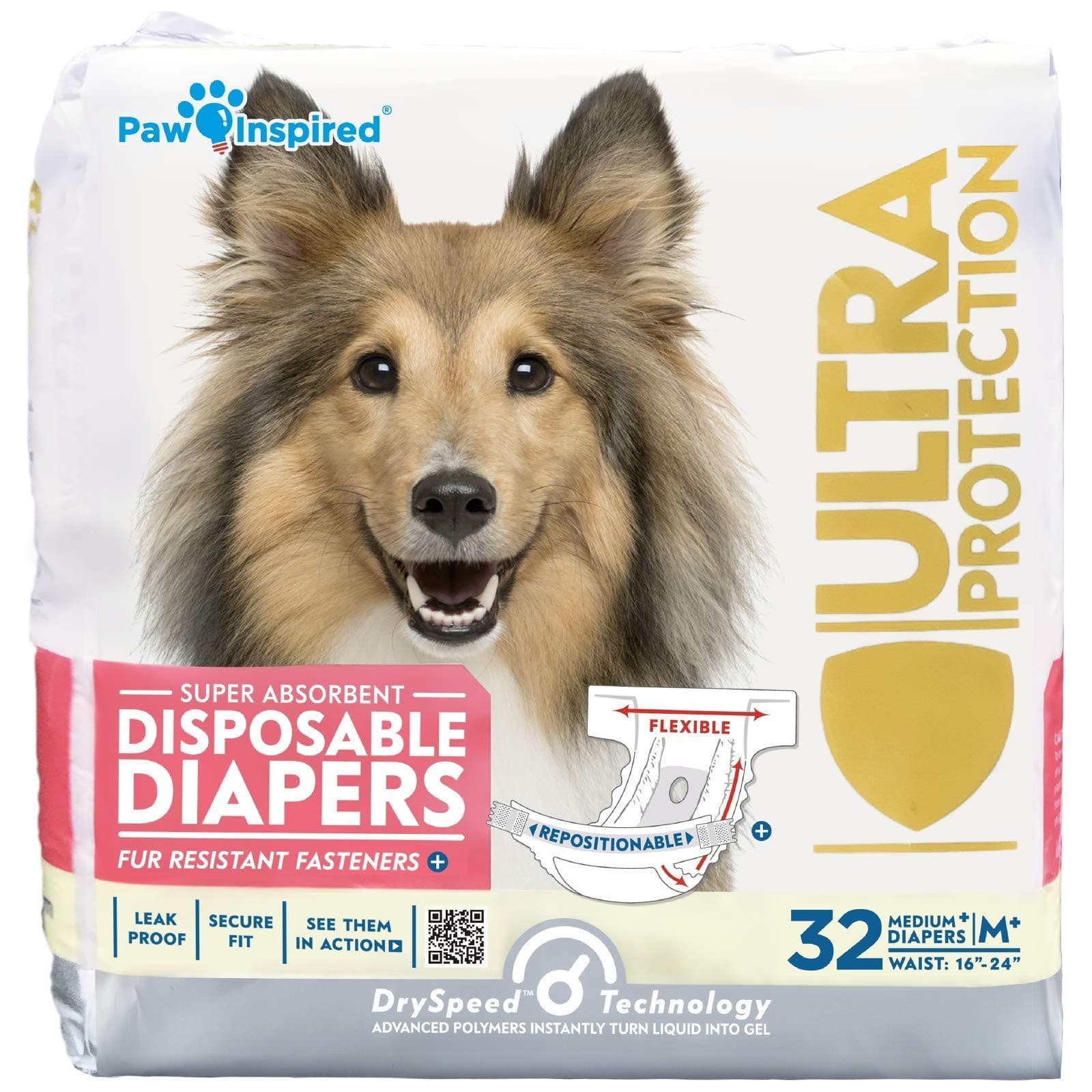 Paw Inspired 32ct Female Dog Diapers Medium Plus Ultra Protection Disposable