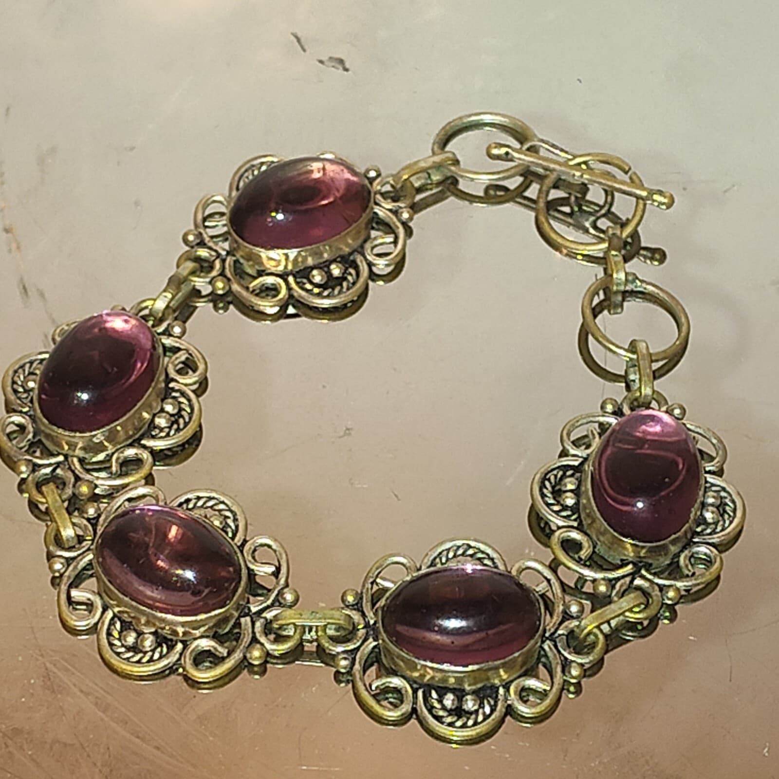 Art DECO STERLING SILVER AMETHYST FILIGREE 4 LINK BRACELET 7.25" Victorian Vtg - Image 1