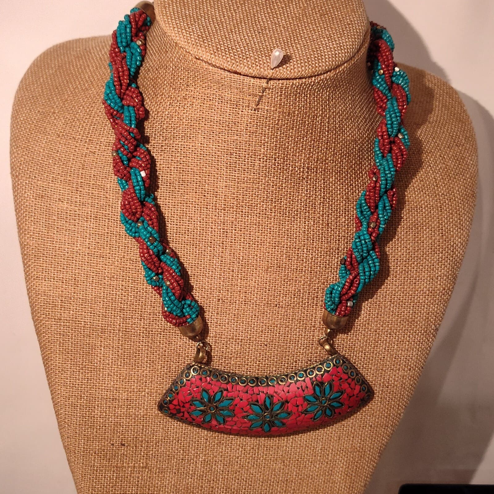 28CM Old Tibet Natural Coral Turquoise Bronze Exorcism Amulet Pendant Necklace