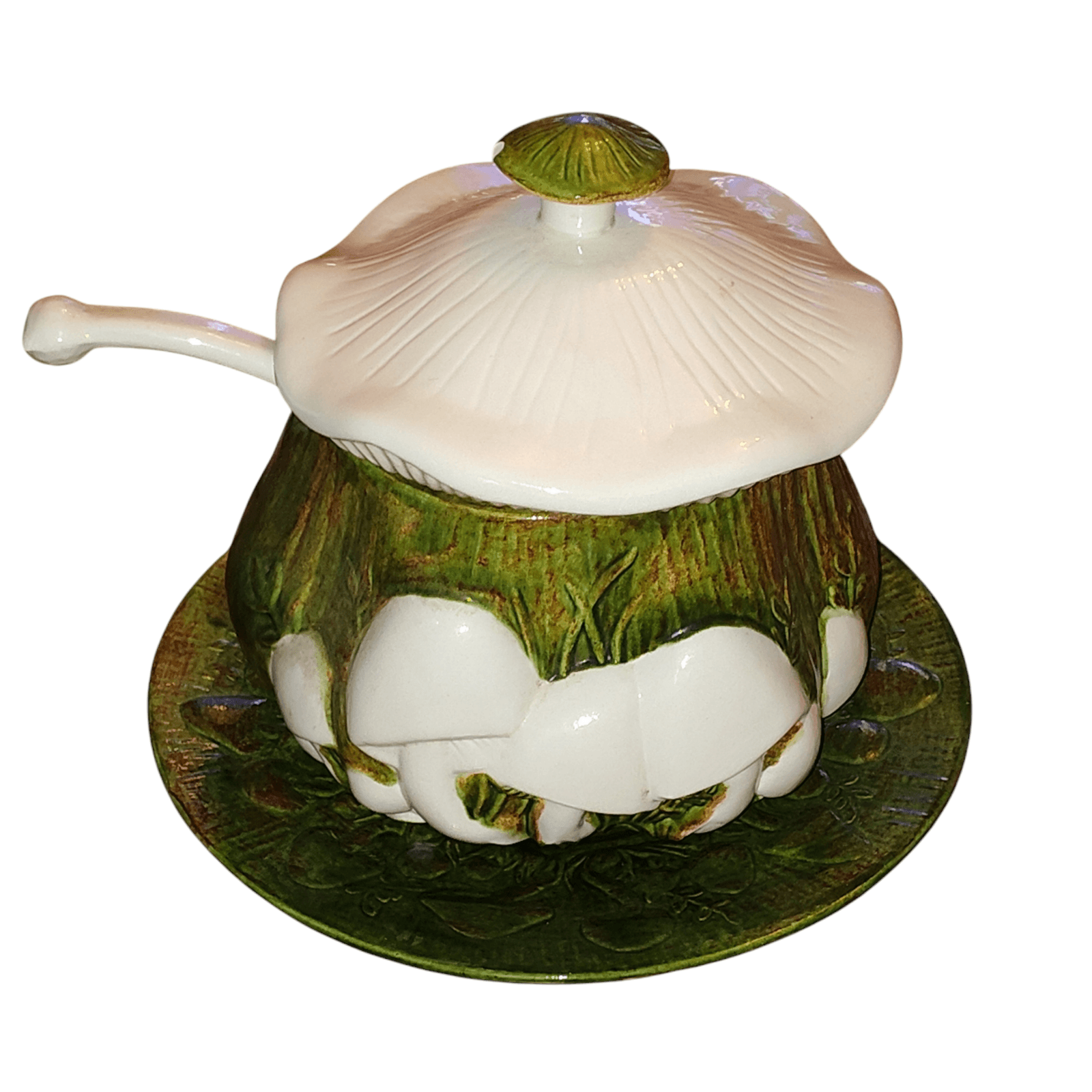 3D Mushroom Shapes Ceramic Sering Bowl Soup Tureen w/Ladle & Plate 4pc set