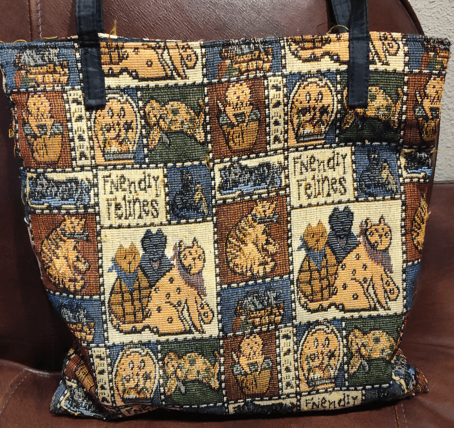 Vtg Cat Tapestry Satchel Friendly Felines Tote