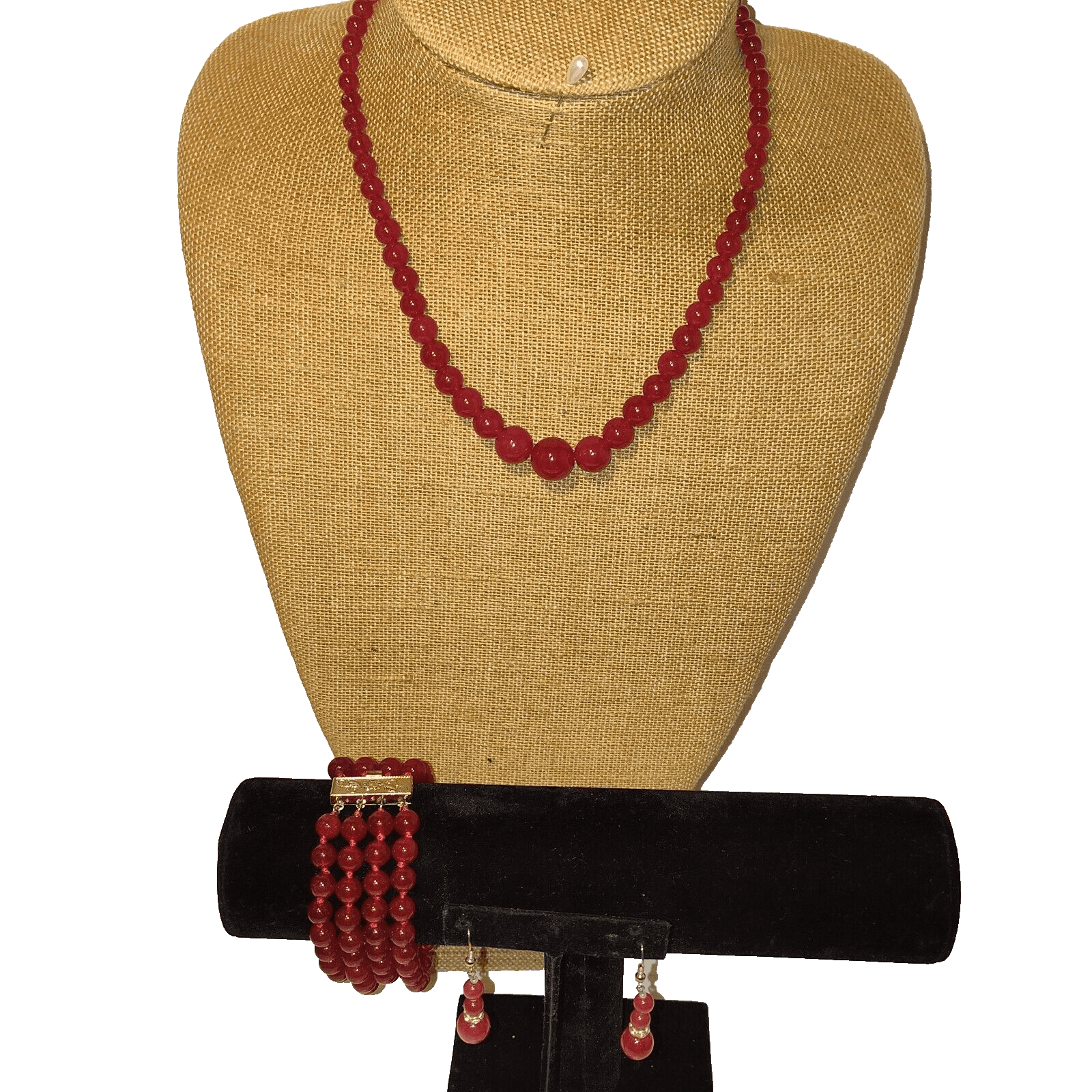 8mm Red Chalcedony beaded Set Necklace, bracelet & Earrings silver Spacers - Image 1