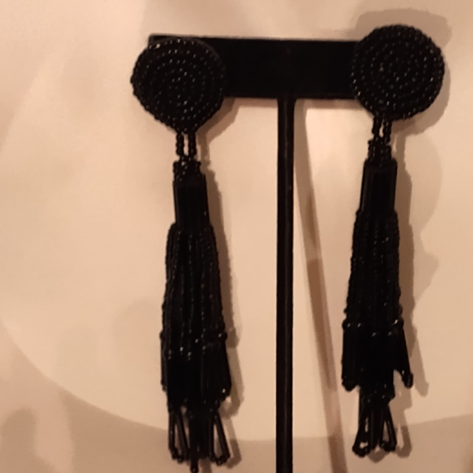 Vtg Black Trifari Glass Bead Torsade Earrings - Image 1