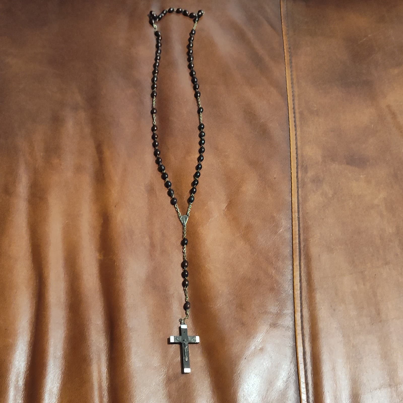 Vtg Freach Christian Rosary black wood/sliver middle cross - Image 1