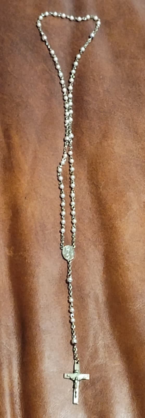 Vintage Rosary White Beads Catholic Silver Tone Cross Marked Italy With Tag - Image 1