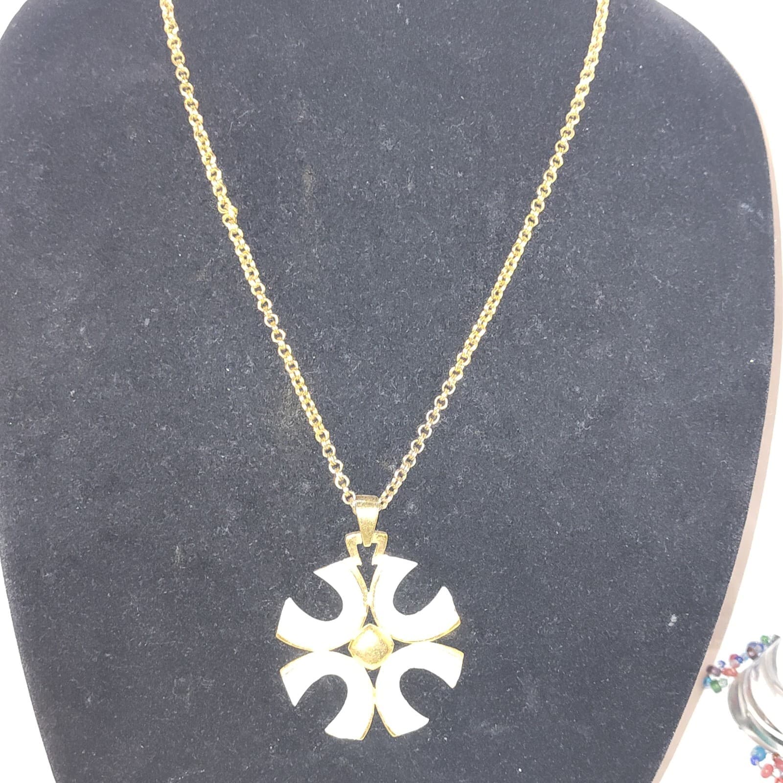 Vintage Signed Crown Trifari White Enamel Maltese Cross Pendant Necklace - Image 1