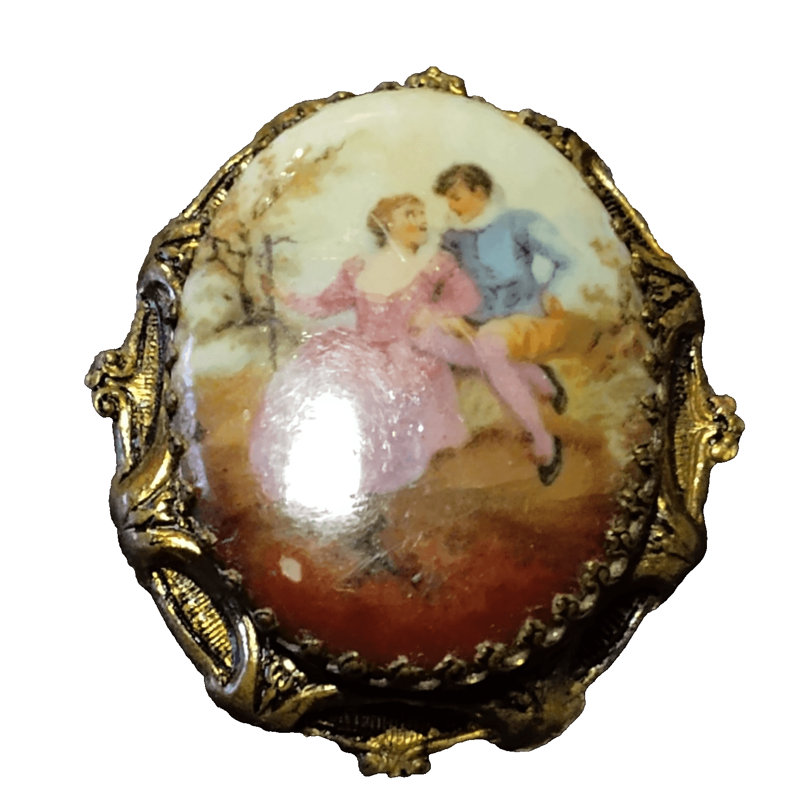 Limoges Style clip on Brass Porcelain Vintage Victorian Couple Scene Jewelry - Image 1