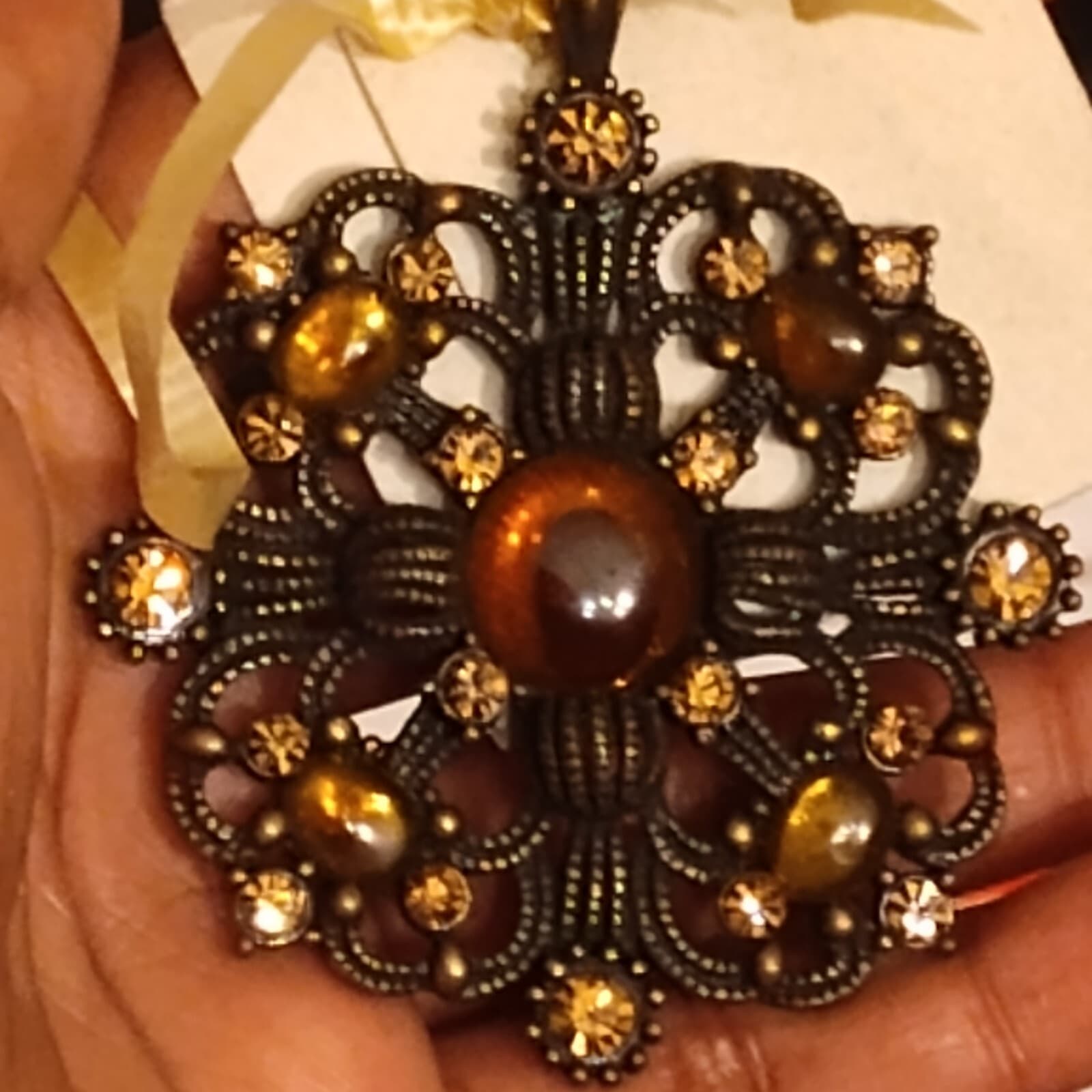 Vintage Amber Lucite Cabochon Dangling Pendant Brooch Avon? - Image 1