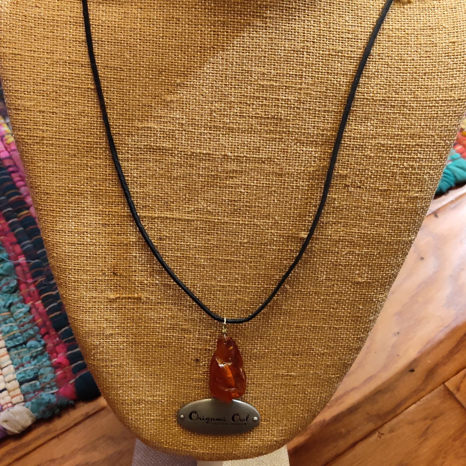 Old Amber Baltic transparent pendant necklace on black rope - Image 1