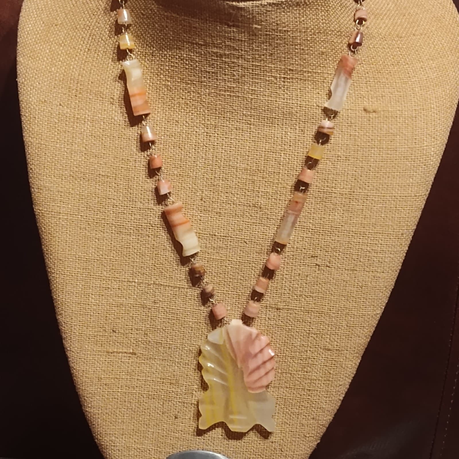 Vintage Peach Salmon Onyx agate Aztec Drop Pendant Mexican Necklace - Image 1