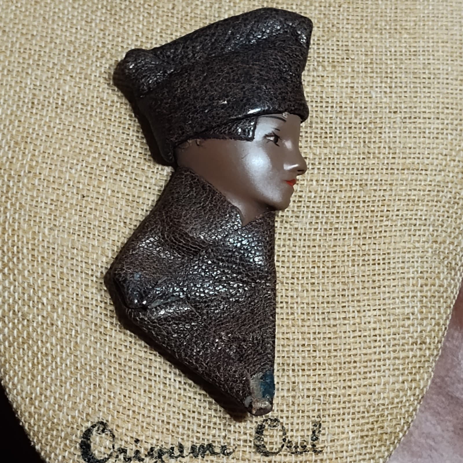 Vtg African American Head Brooch Gloria J walker Handmade Celluloid - Image 1