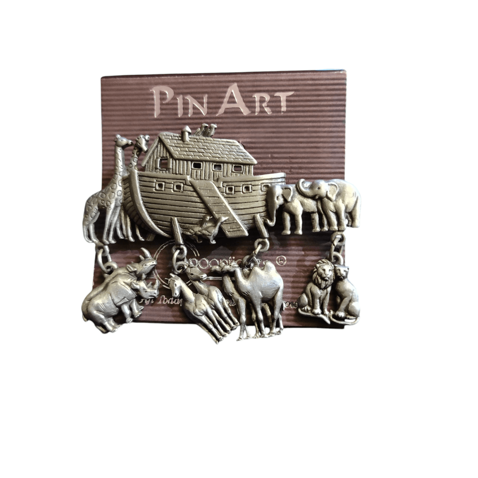 Vintage Noah's Ark Pin Brooch Dangle Pewter Silver Tone - Image 1