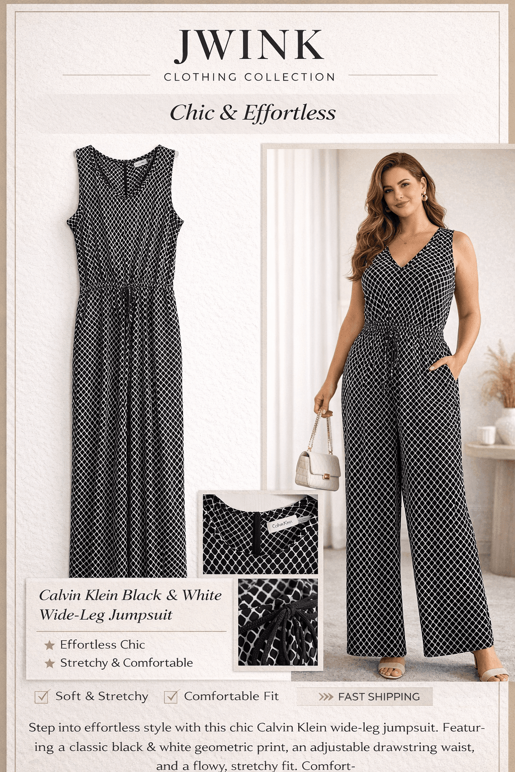 Calvin Klein Black White Jumpsuit XL Wide Leg Sleeveless Geometric Print Stretch - Image 1