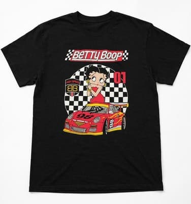 Betty Boop High Speed Race Car Graphic Shirt Men's Classic Cartoon Checker Tee M