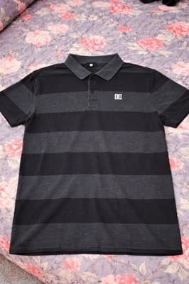 Vintage 90s Y2K DC Shoes Polo Shirt Mens Med Striped Color Block Black & Gray