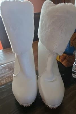 White Faux Leather Mid-Calf Bootie with Fur Trim, Rhinestone, Beaded Accents