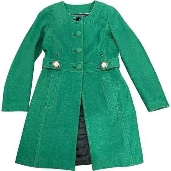 BANANA REPUBLIC Kelly Green Wool Trench Coat Jacket Embellished Buttons Work Pro - Image 1