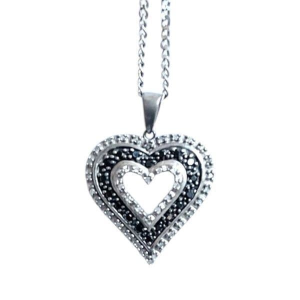 STERLING SILVER Black White Genuine Diamond 925 Heart Pendant Necklace Chain 17” - Image 1