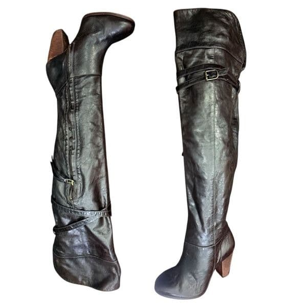 POUR LA VICTOIRE Victorella Dark Brown Leather Over The Knee Boots Shoes Zipper - Image 1
