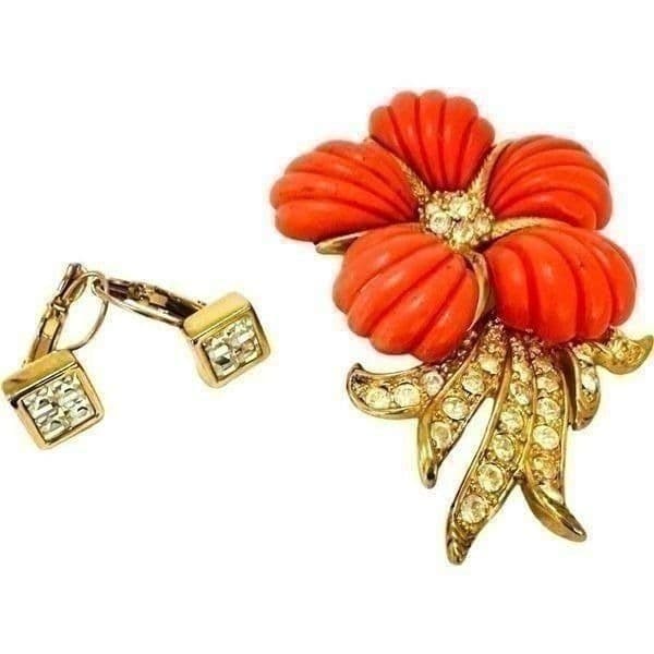 NOLAN MILLER Signed Vintage Rhinestone Coral Orange Floral Brooch and Crystal Ea - Image 1