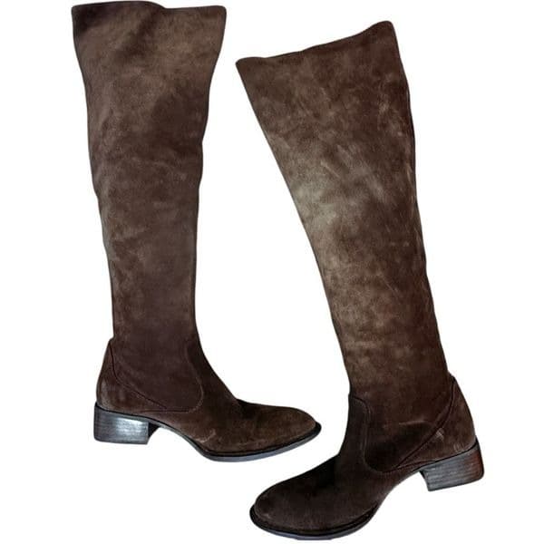 BORN CROWN Cricket Suede Boots Brown Leather Boots Tall Knee High Riding Boots S - Image 1