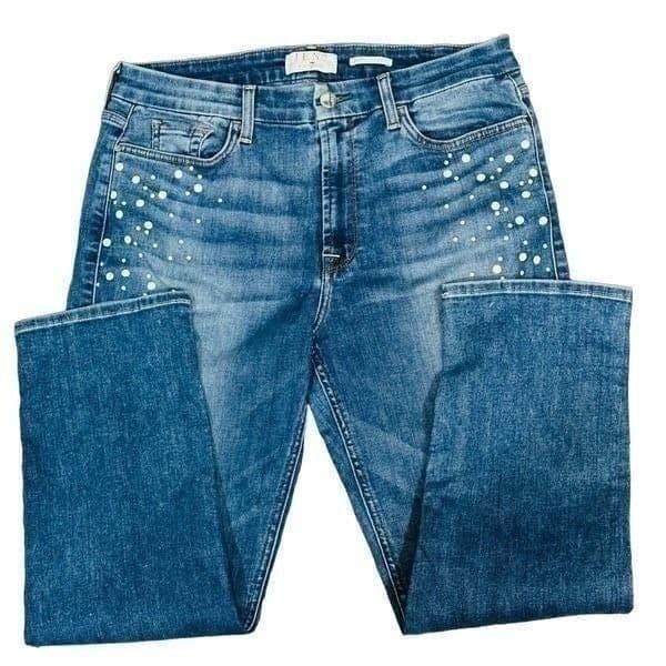JEN7 BY 7 FOR ALL MANKIND Cropped Straight Stretch Mid Rise Faux Pearl Embellish - Image 1