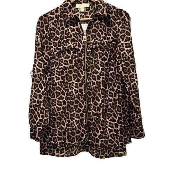 MK MICHAEL KORS Leopard Cheetah Print Long Sleeve Roll Tab Lightweight Zip Up Da - Image 1
