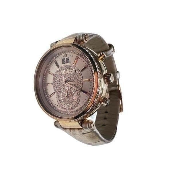 Michael Kors MK Watch Rose Gold Rhinestone CZ Chronograph Leather New Battery - Image 1