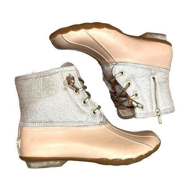 SPERRY Rose Gold Pink Silver Saltwater Duck Boots Shoes Waterproof Rubber Boots - Image 1