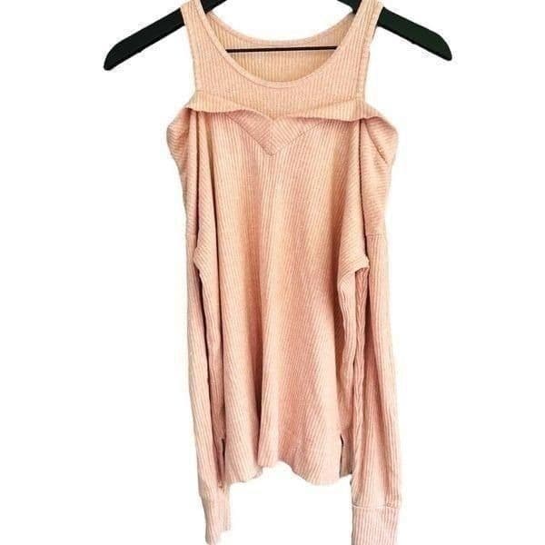 ANTHROPOLOGIE SATURDAY SUNDAY Stretch Ribbed Light Pink Cold Shoulder Long Sleev - Image 1