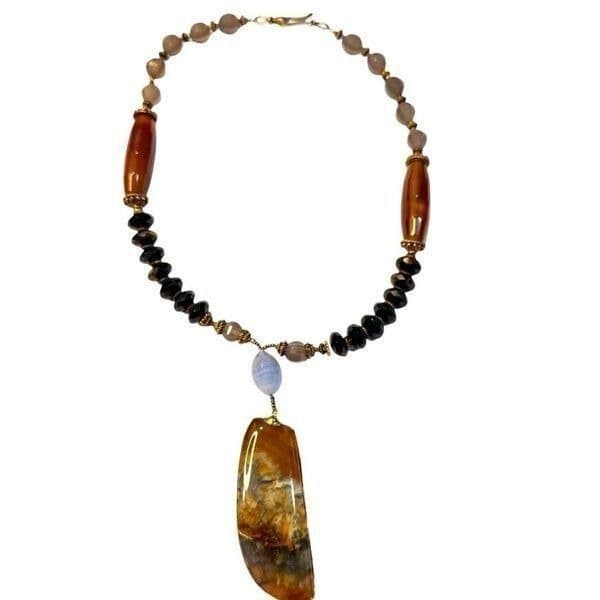 Artisan Agate & Chalcedony Pendant Necklace Handcrafted Gemstone Glass Bead Stat - Image 1