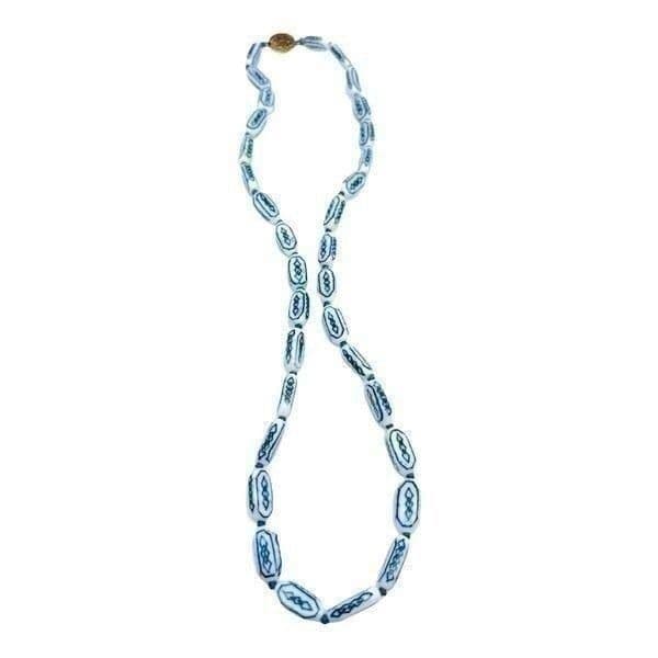 Antique Chinese Porcelain Silver Necklace on Double Hand Knotted Silk