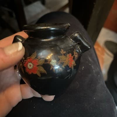 Oriental Vase Black Ceramic Hand Painted vintage approx 5 inches tall Asian - Image 1