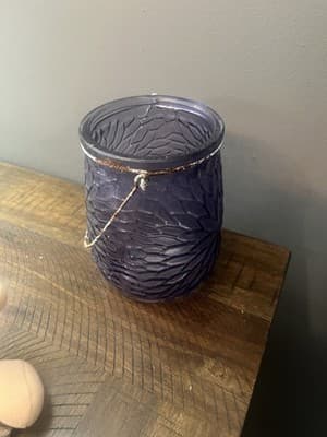 Purple Glass Floral Design Candle Holder With Metal Rusted Handle - Image 1