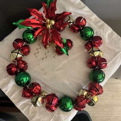 2 VTG METAL BELL CHRISTMAS HOLIDAY HANGING WREATH LOT 10.5" GOLD & 18" RED GREEN - Image 1