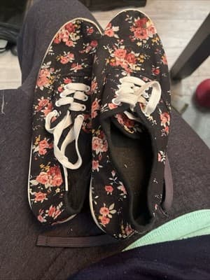 Floral Print Black Women’s Flats With White Laces Size 10 - Image 1
