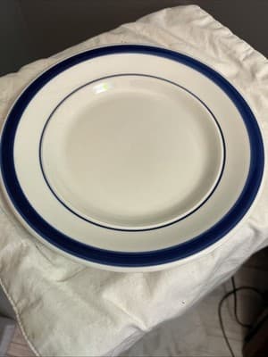 One FARBERWARE Trattoria Blue 4372 Dinner Plates 9” White Blue Rim - Image 1
