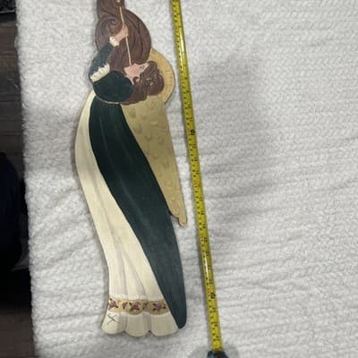 Hand Made By Madlyn wooden Angel In Green With Trumpet 26” Long Decor - Image 1