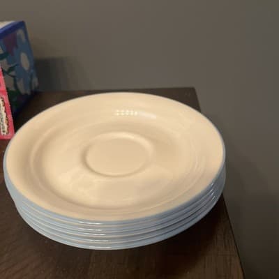 Corelle Symphony Ivory Cream With Blue Rim Saucers Set of 5 Vintage 6 1/4” D - Image 1