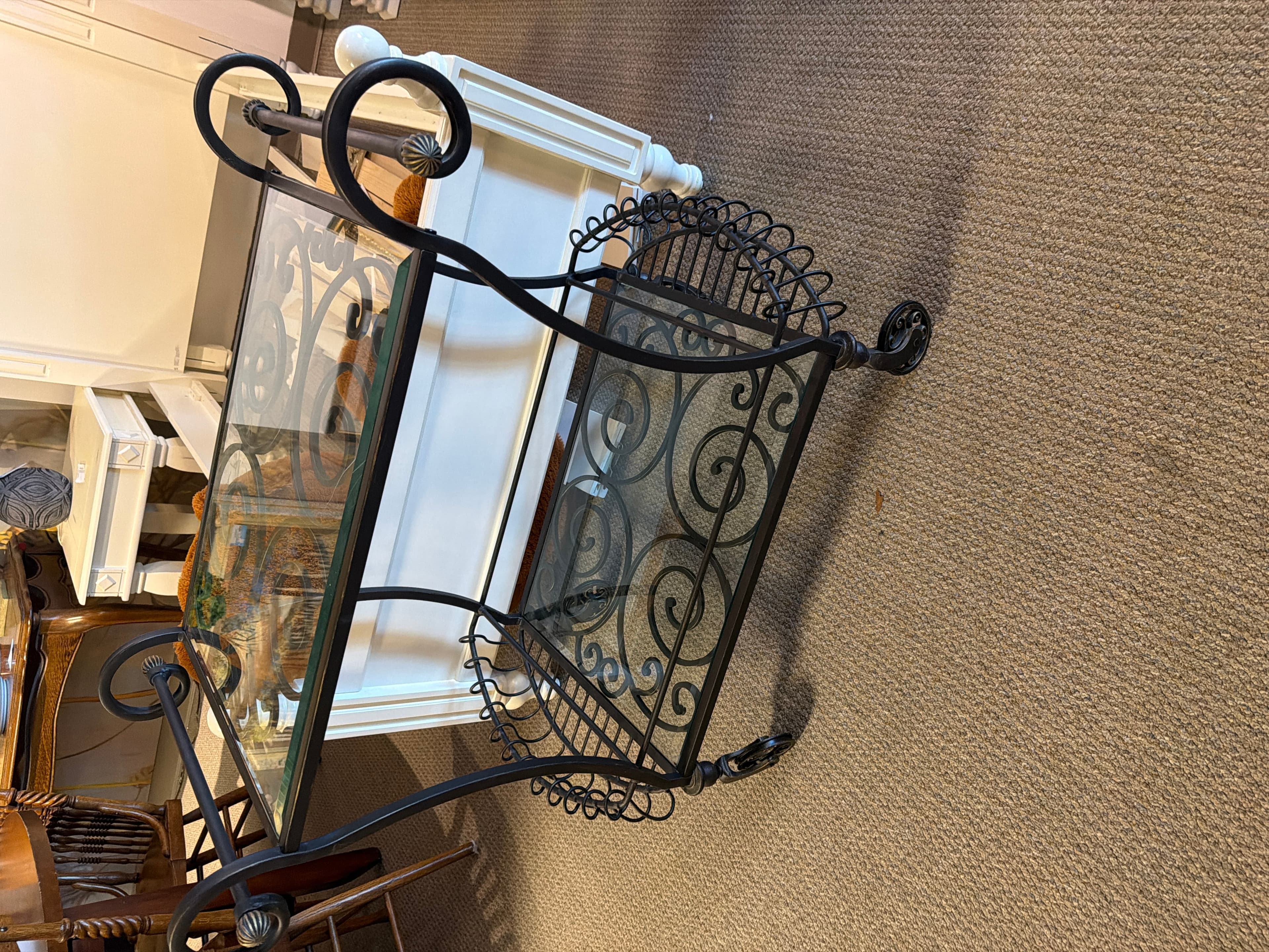 Vintage Glass Top Iron Cart with Scroll Design - Image 1