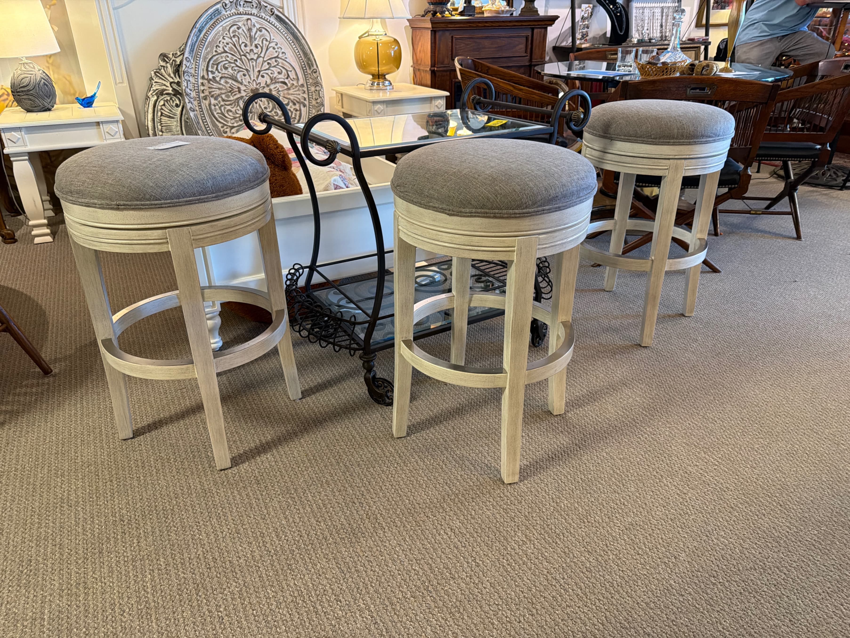 Set of 3 Vintage Bar Stools with Gray Upholstered Seats - Image 1