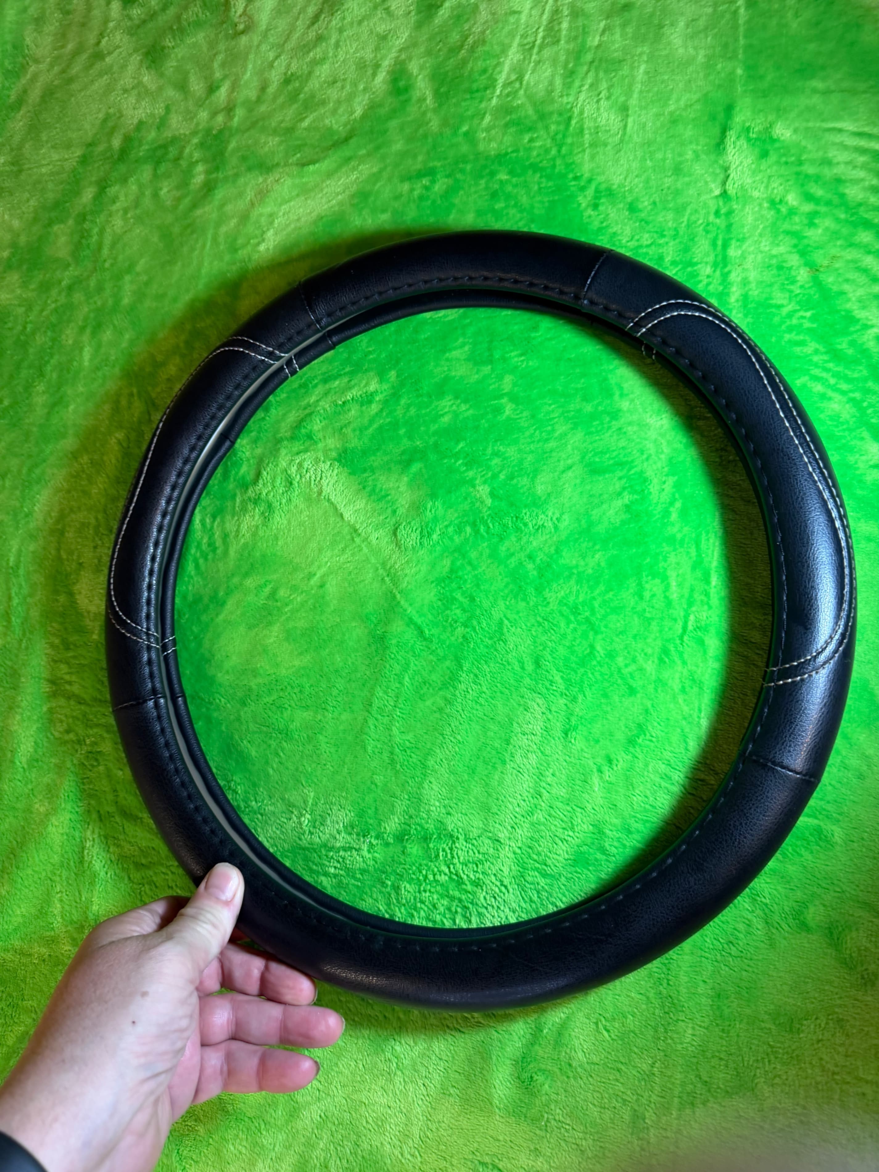 Black Leather Steering Wheel Cover with Stitching - Image 1