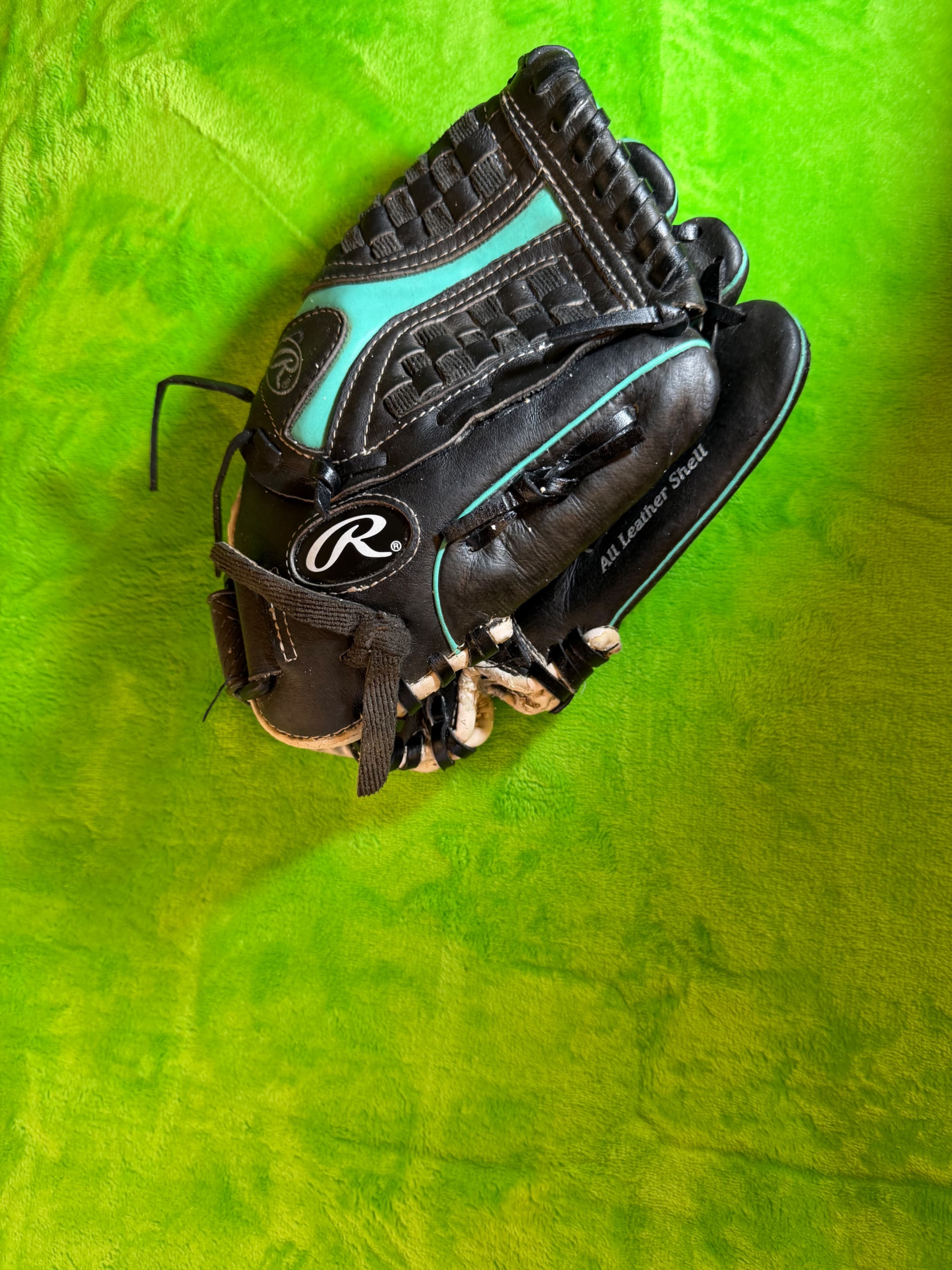 Rawlings All Leather Softball Glove - Black & Teal - Image 1