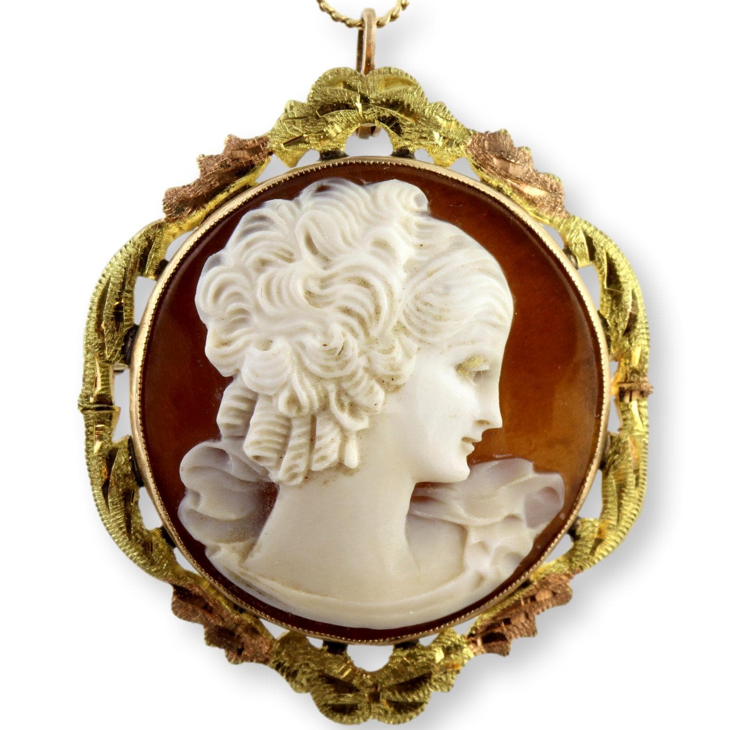 10K Yellow & Rose Gold Hand-Carved Shell Cameo Convertible Brooch Pendant with 14K Gold Chain - 16 in - Image 1