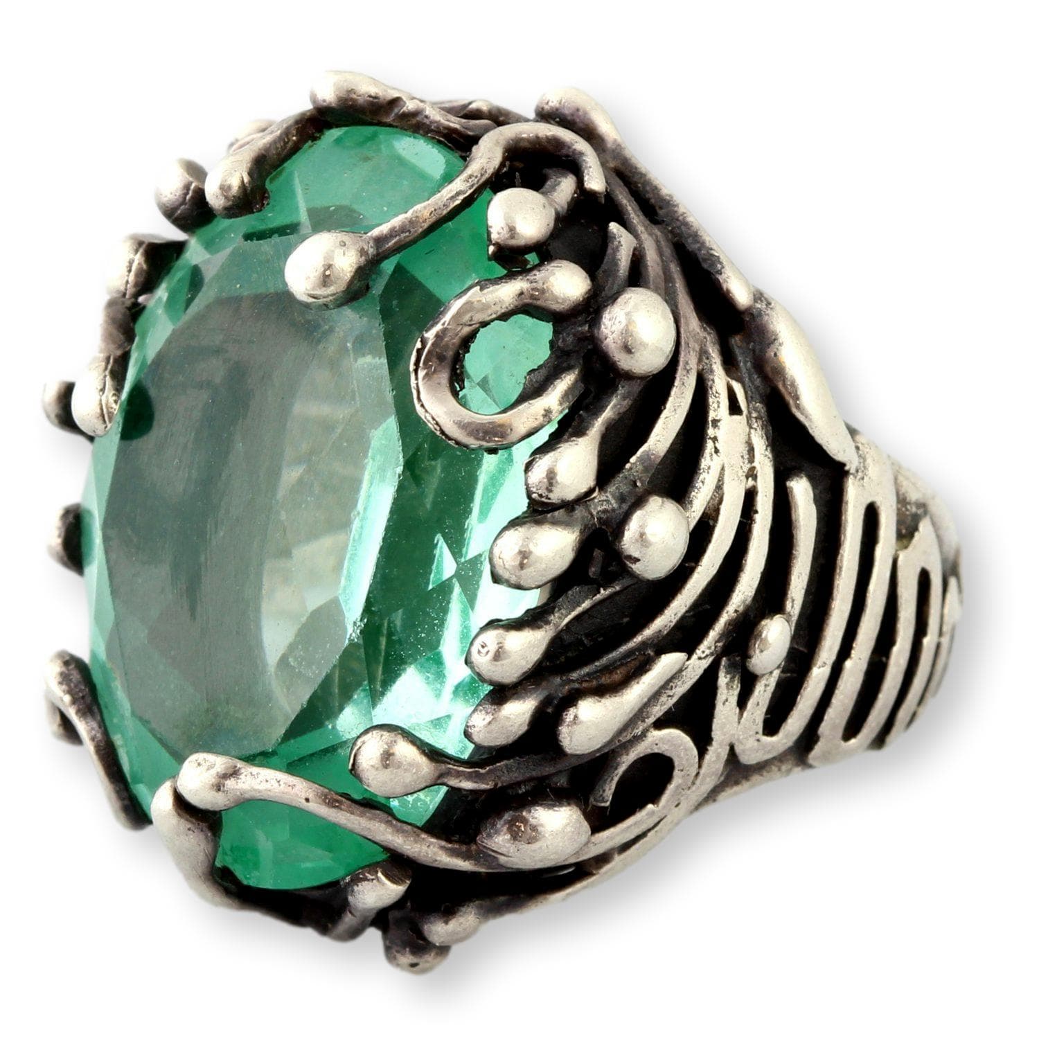 Mint Green Uranium Glass Ring – Faceted UV-Reactive Stone in Sculptural Sterling Silver - Size 8 - Image 1